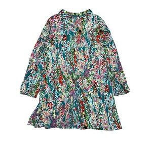 Multi Color Abstract Floral Tunic Top Split Neck Long Sleeve Plus Size 3X